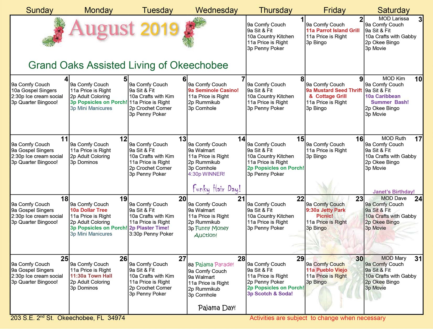 Grand Oaks of Okeechobee Calendar Grand Oaks Senior Living